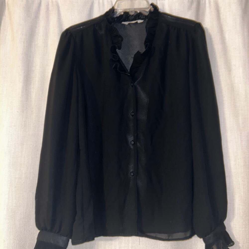 Vintage Macshore Classics Black Sheer Ruffle Collar Long Sleeve Blouse